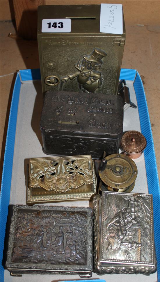 Donald Duck money box, another & various metal boxes